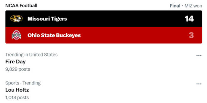 Screen grab from X denoting trends following the 2023 Cotton Bowl.